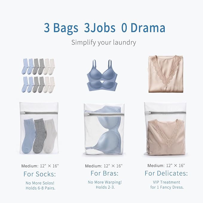 Muchfun 3Pcs Durable Fine Mesh Laundry Bags for Delicates 12 x 16 Inches | (3 Medium)