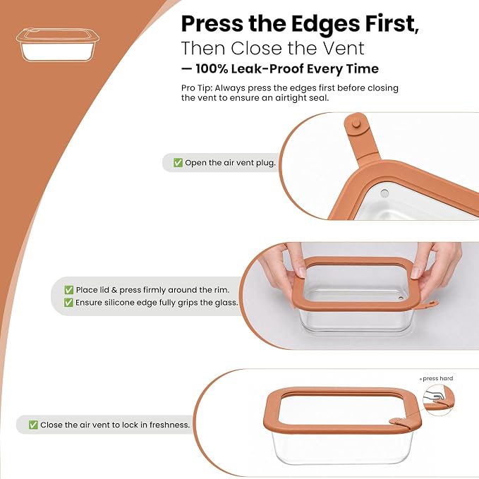 Taree Glass Food Storage Containers, 8 Pack 35oz, Brown Lids | Warm Brown Lid Design • Glass & Silicone Lids • Airtight Leakproof Seal • Steam Vent • Microwave-Safe Lid