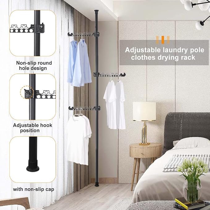 Hershii Garment Clothes Rack Coat Tree Clothing Drying Hanging Holder Organizer Standing Adjustable Laundry Pole Tension Rod Floor to Ceiling Indoor Corner Storage Shelf 6 Tiers - Black