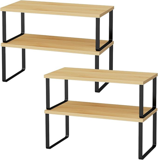 OGEMXU Cabinet Shelf Organizers, 15.7 inches Large Kitchen Counter Shelf, Set of 4 Wood Kitchen Pantry Organizer, Storage Shelves for Countertop, Spice Rack, Stackable, Expandable, Metal Black, Nature