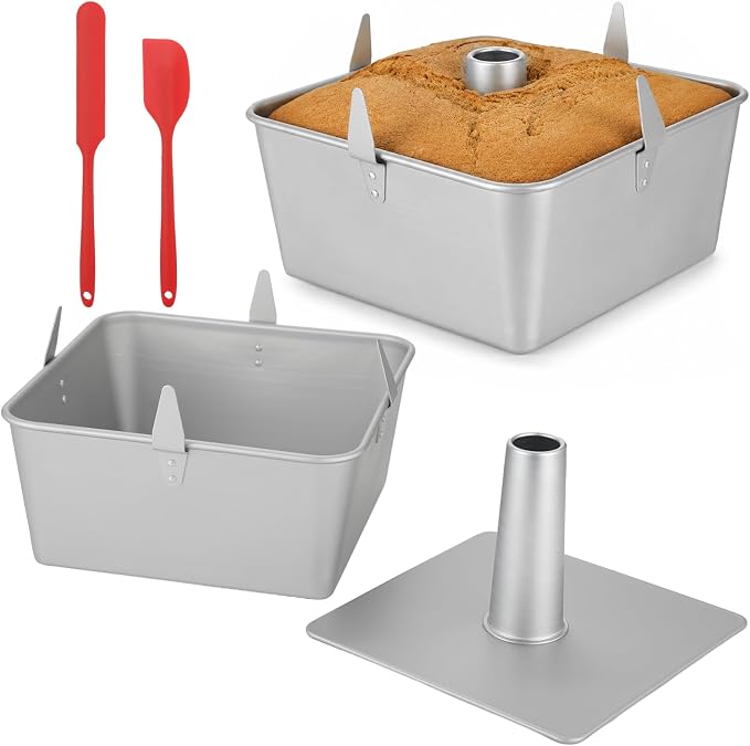 Square Tube Cake Pan, 10 Inch Aluminum Baking Mold with Removable Bottom & Cooling Feet & Silicone Spatulas, Anodized Chiffon and Angel Food Cake Pan for Even Heat Distribution and Easy Release