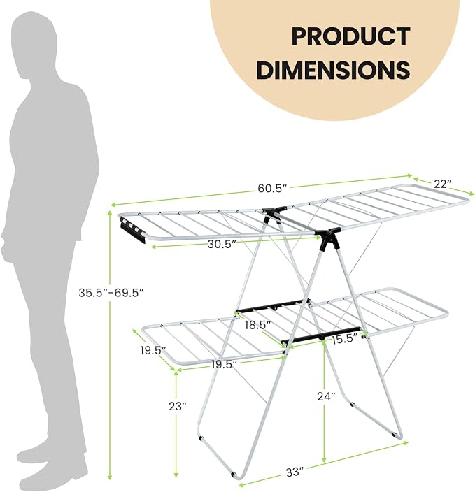 COSTWAY Clothes Drying Rack, Foldable 2 Tier Clothing Laundry Rack | Height-Adjustable Wings, 33 Drying Rails & Sock Clips, Portable Space Saving Racks for Apartment, RV, Indoor & Outdoor Use