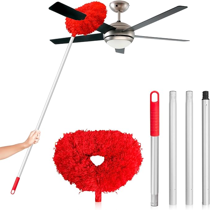 FONUNO Ceiling Fan Cleaner Duster High Ceiling Extended Fan Blade Cleaner | Reusable Microfiber Ceiling Fan Duster with Extension Handle from 13 to 50 Inch for Furniture Bookshelves Wall Door, Red