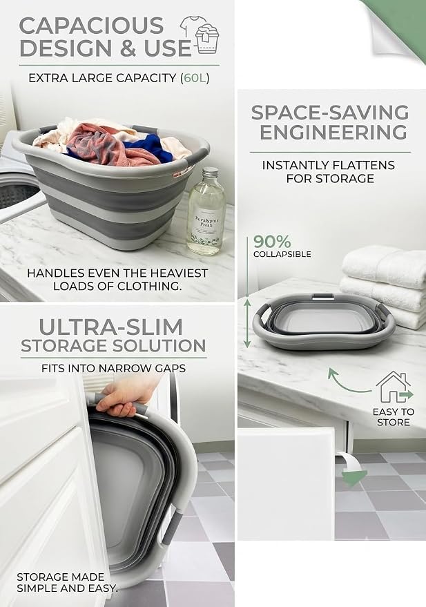 SAMMART 40L (10.5 gallon) Collapsible Plastic Laundry Hamper - Foldable Pop Up Storage Container/Organizer - Portable Washing Tub - Space Saving Basket (1, Grey/Dark Grey)