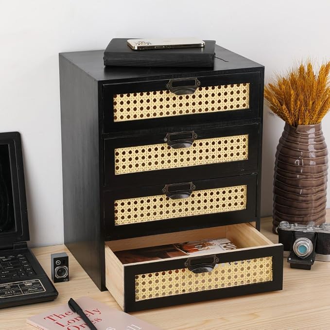 GoooodGIFT Wooden Drawers Large Wooden Box with Drawer, Black | 4 Drawer Wood Storage Box , Vintage Desktop Organizer with Drawers, Desk Organizers for Library Card Catalog Cabinet
