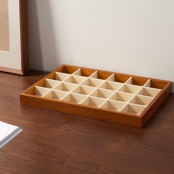 Oirlv Solid Wood Jewelry Tray,Jewelry Drawer Organizer,24 Grid(Cream) | Stackable Design,for Jewelry Necklaces Earrings and Rings,Organizing and Presentinge Legantly on Dressers&in Dresser