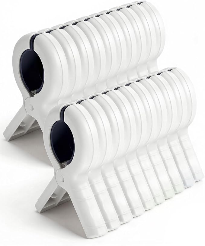 20 Pack Beach Towel Clips Heavy Duty Large Beach Essentials Chair Pool Clip | White Clips with Strong Grip, Silicone Protection, Rust Resistant Spring, Multi-Use for Beach, Boat, Cruise & Outdoors