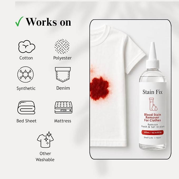 Blood Stain Remover for Clothes (10.14oz) | For Mattress, Sheets & Fabric – Enzyme Formula for Fresh, Dried & Menstrual Period Blood Stains