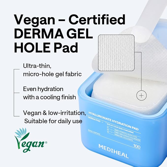 MEDIHEAL Hyaluronate Hydration Toner Pads for Hydration (100 Count) | with 9 Types Hyaluronic Acid | Moisturization, Plumping, Moisture Barrier | Plastic-Free Vegan Pads | Korean Derma Toner Pads