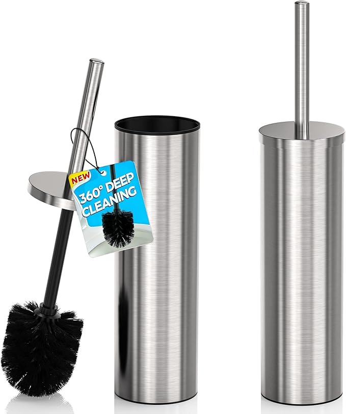 DOWRY Stainless Steel Toilet Bowl Brush and Holder for Bathroom, Deep Cleaning Toilet Brush and Holder Set with Long Handle, Hidden Toilet Bowl Brush with 2 Heads,Modern Decor Nickel Round 2PCS