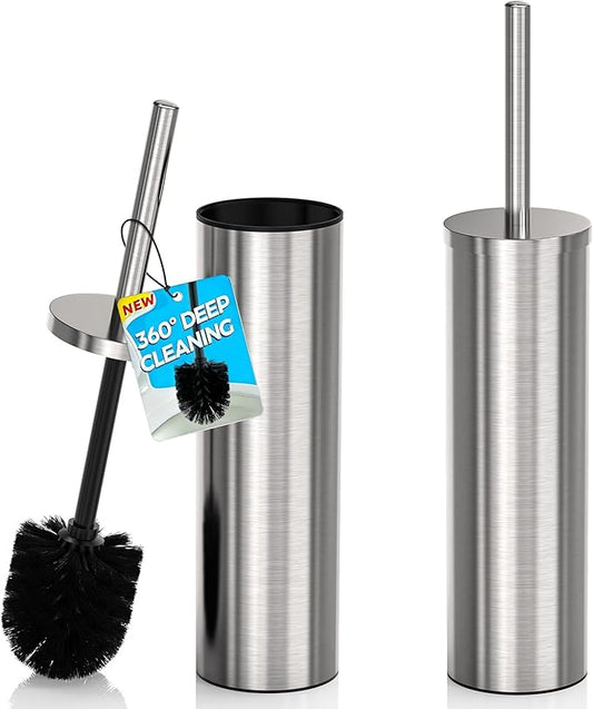 DOWRY Stainless Steel Toilet Bowl Brush and Holder for Bathroom, Deep Cleaning Toilet Brush and Holder Set with Long Handle, Hidden Toilet Bowl Brush with 2 Heads,Modern Decor Nickel Round 2PCS