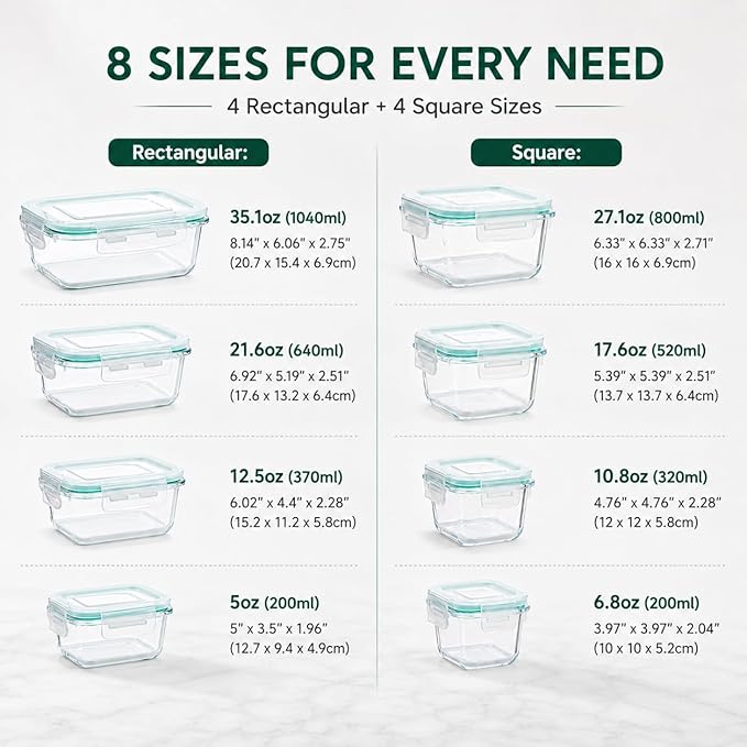 Peaktet 8 Pack Glass Food Storage Containers with Lids, Airtight Meal Prep Containers Set, Leakproof Glass Lunch Containers, BPA-Free Locking Lids, Oven Microwave Freezer Dishwasher Safe