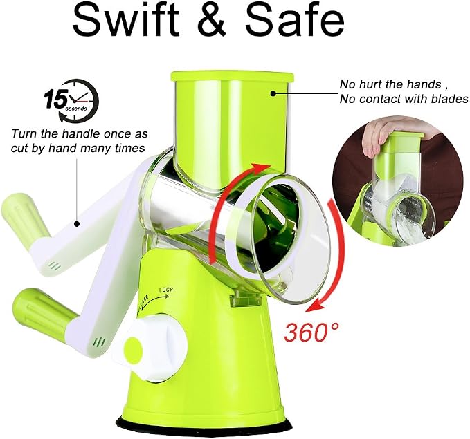 Ourokhome Rotary Cheese Grater Hand Crank, Kitchen Shredder Speed Mandolin Slicer Nut Grinder with Handle and Drum Blades for Cheese, Vegetable, Walnut, Chocolate, Potato, Carrot, 3 Blades, Green