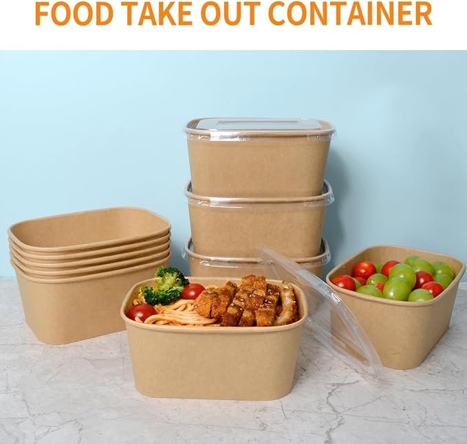Celel 35 oz Paper Food Containers with Lids 50 Pack Meal Prep Containers | Disposable To Go Food Containers, Soak Proof, Microwavable and Freezer Friendly for Hot/Cold Use, 50 Bowls 50 Lids