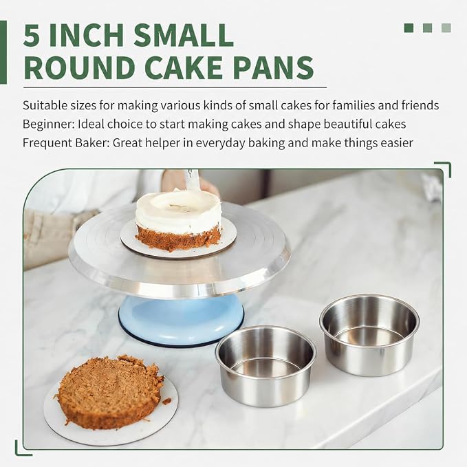 TeamFar 5 Inch Cake Pan Set of 2, Stainless Steel Small Layer Cake Baking Pans Tins, Round Bakeware for Birthday Wedding Party, Non-Toxic & Healthy, Mirror Finish & Dishwasher Safe