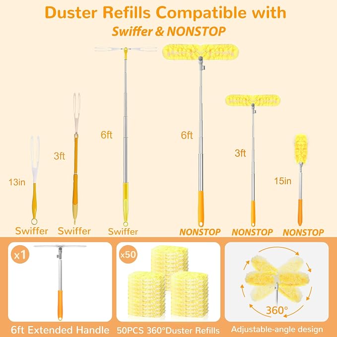 6 ft Long Handle Extendable Duster with 50 Refills for Swiffer Duster, Heavy Duty 360° Microfiber Dusting Kit for High Ceilings, Ceiling Fans, Tall Windows, and Hard-to-Reach Areas
