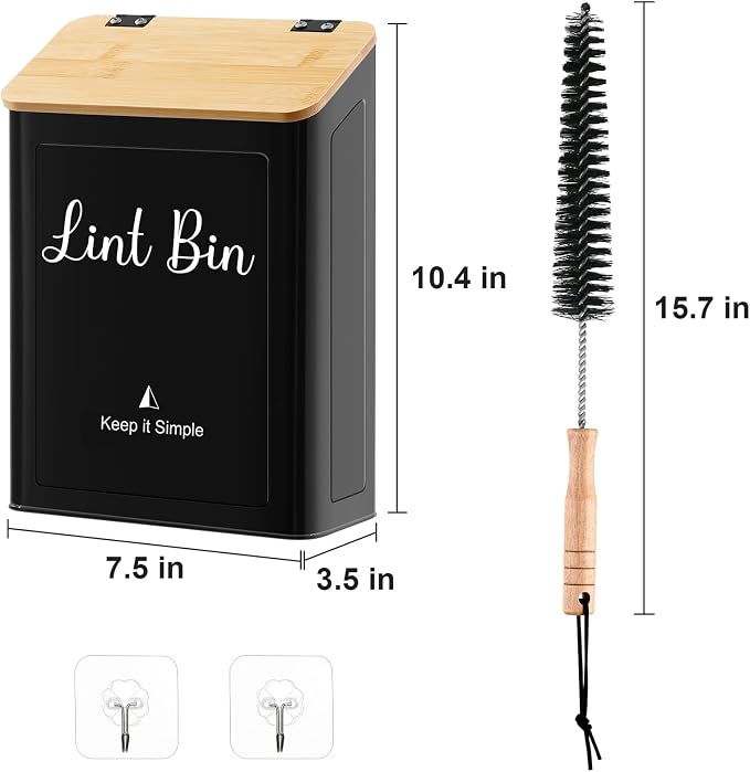SUBEKYU Magnetic Lint Bin for Laundry Room Organization and Storage,Black | Wall Mounted Metal Lint Box Holder Trash Can with Bamboo Lid for Dryer,Lint Basket for Laundry Room Decor