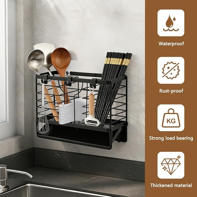 Stainless Steel Utensil Holder, Utensil Drying Rack with Drain Tray, 3 Compartments Kitchen Counter Drainer Basket Cutlery Organizer for Forks, Chopsticks, Spoons(Color:Black)