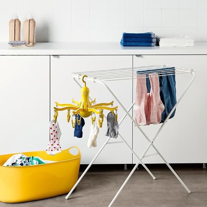 PRESSA Hanging Dryer 16 Clothes Clips Octopus Laundry Dryer Foldable Hanging Drying Rack 8 Claw Peg Hanger Space Saving Indoor Outdoor Clothes Airer (Yellow)