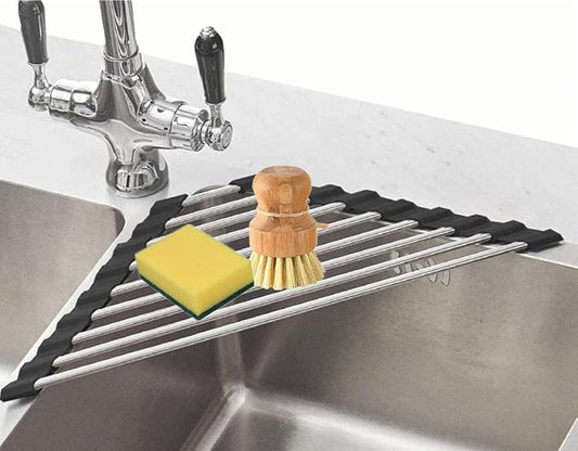 Triangle Dish Drying Rack Multipurpose Roll-up Drying Rack for Sink Corner Stainless Steel Over The Sink Corner Dish Drainer Mat for Kitchen (Black)