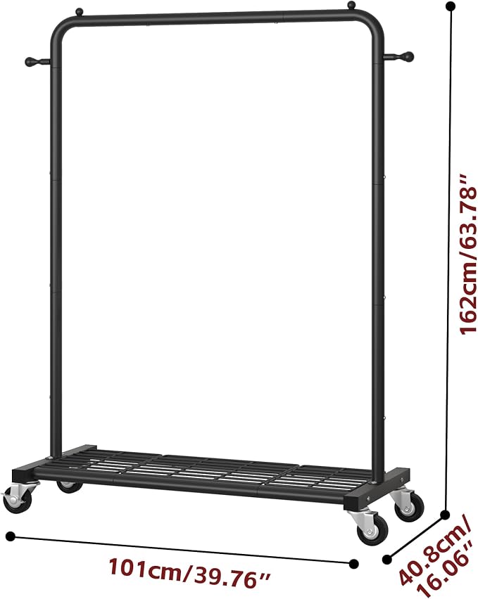 Sywhitta Clothing Rack on Wheels with Mesh Storage Shelf & Sturdy Metal Frame, Rolling Garment Rack for Hanging Clothes, Coats, Skirts, 39.76" L x 16" W x 64.56" H,Black