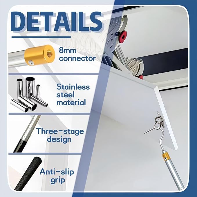 Attic Pull Down Hook with Duster, Extendable Pole for Attic Ladders | 18-59" Telescoping Pole with Microfiber Duster for Pulling Down Attic Ladders and Cleaning Fans, Ceilings & More