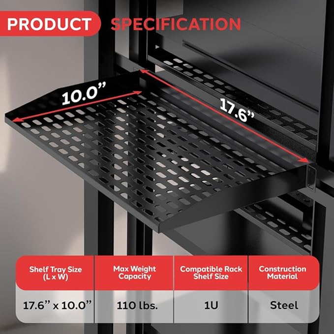 Pyle 2-Pc 1U Server Rack Shelf, Vented Shelves for Good Air Circulation, Cantilever Mount, Wall Mount Rack, Universal Device, Cabinet Shelf, Computer Case Mounting Tray, Black-Pyle PLRSTN14UX2