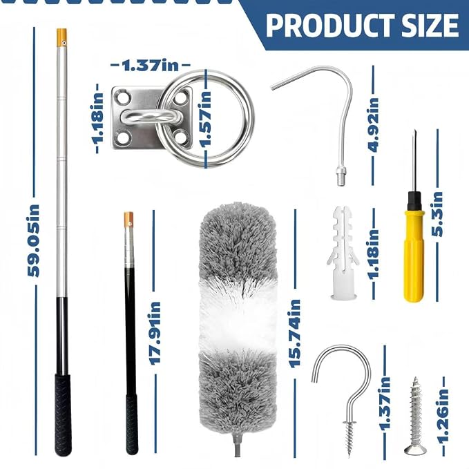 Attic Pull Down Hook with Duster, Extendable Pole for Attic Ladders | 18-59" Telescoping Pole with Microfiber Duster for Pulling Down Attic Ladders and Cleaning Fans, Ceilings & More