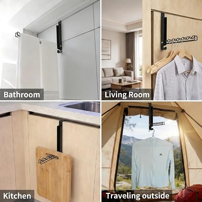 Over The Door Drying Rack with Hooks, Double Folding Portable Small Space Storage for Laundry Bathroom Travel Bedroom Drying (2Pack, Black)
