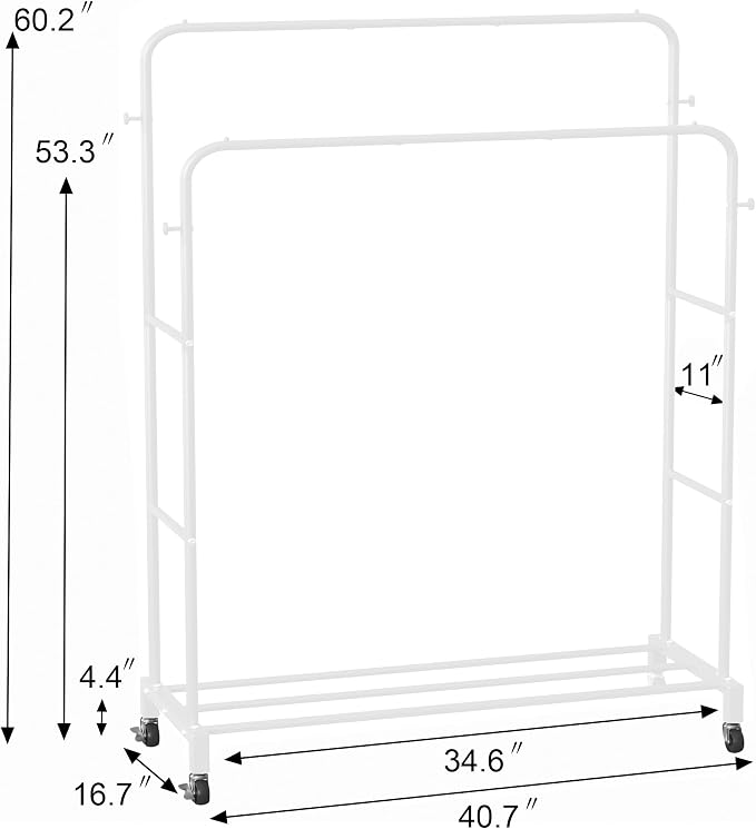 Sooyee Double Rod Clothing Rack with Wheels,3 Tier Garment Racks for Hanging Clothes,Portable Clothes Rack with 4 Hooks for Bedroom,Laundry Room,White