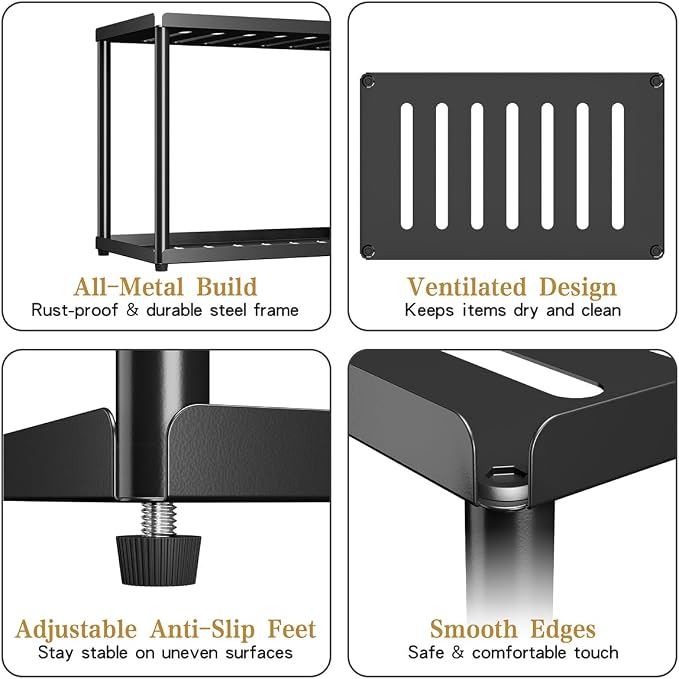 2 Tier Bathroom Counter Organizer, Rectangular Vanity Organizer Shelf, Skincare and Makeup Countertop Storage Rack for Kitchen, Bathroom, Bedroom, Black (Standard Version)