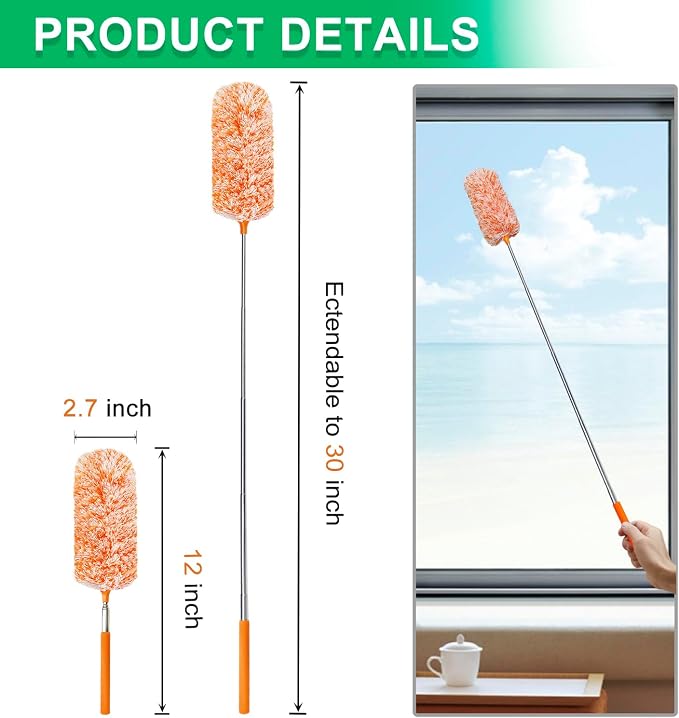 2 Pack Extendable Microfiber Feather Duster, Electrostatic Microfiber Head, Up to 30 Inch Extension Pole, Car Duster, Telescoping Feather Dusters for Cleaning
