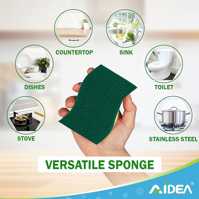AIDEA Sponges Kitchen, 6Count, Heavy-Duty Scrub Sponges, Sponge for Dishes | Sponges for Non-Coated Cookware, Scrubbing Power for Tough Messes, Cleaning Sponge for Kitchen, Bathroom, Household