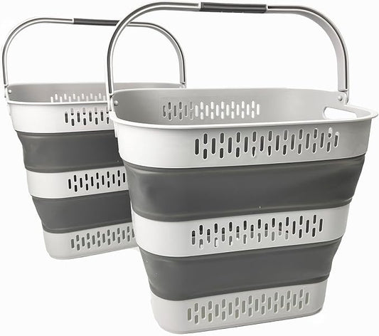 SAMMART 40L (10.5 Gallon) Collapsible Plastic Laundry Basket with Handles - Foldable Pop Up Storage Container/Organizer - Portable Laundry Hamper - Space Saving (2, Grey)