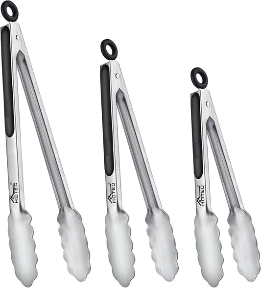 Hotec Stainless Steel Kitchen Tongs, Set of 3-7", 9" and 12", Locking Metal Food Tongs for Cooking, Serving, BBQ, Grill Non-Slip Grip
