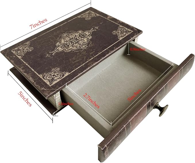 Vintage Decorative Book Storage Box with Drawer, Distressed Dark Brown Faux Leather Finish with Ornate Pattern, Hidden Keepsake Case for Desk or Bookshelf Display 7″ x 5″ x 1.6″