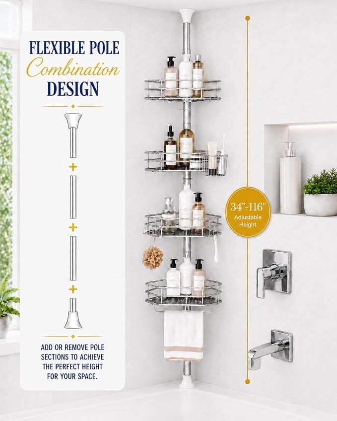 SEIRIONE Corner Shower Caddy Tension Pole, Quick Setup, Rust-Free Bathroom Shower Organizer Corner for Bathtub Shampoo Storage, 4-Tier Adjustable Shelf, Drill Free, Fits 34 to 116 Inch Height, Chrome