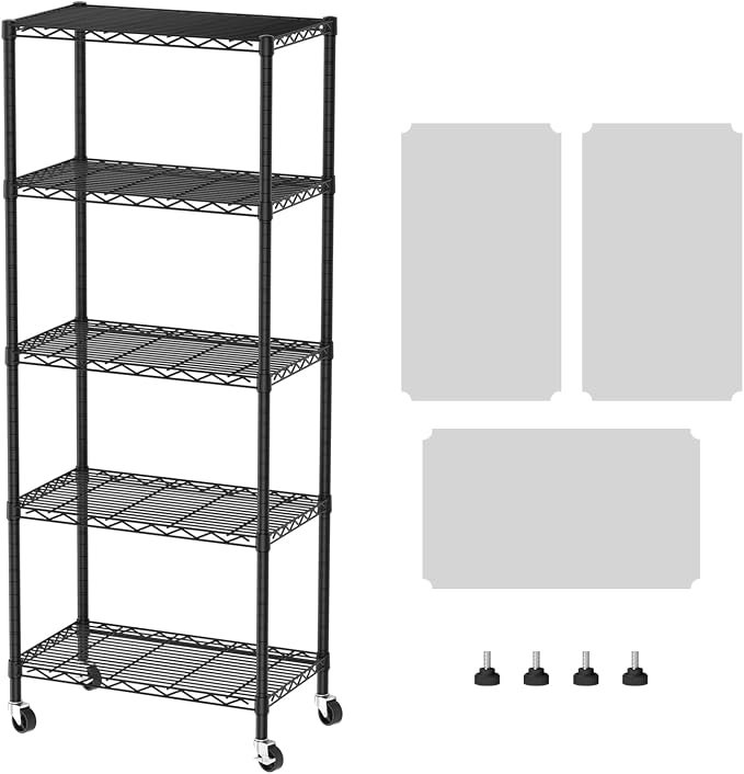 SINGAYE 5 Shelves Storage Wire Shelf Closet Metal Shelving Pantry Wheels | Shelf Bathroom Organizers Metal Kitchen Garage Shelving Unit Laundry Room Organization Home Rack Net Basket with Wheels