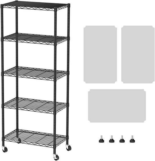 SINGAYE 5 Shelves Storage Wire Shelf Closet Metal Shelving Pantry Wheels | Shelf Bathroom Organizers Metal Kitchen Garage Shelving Unit Laundry Room Organization Home Rack Net Basket with Wheels