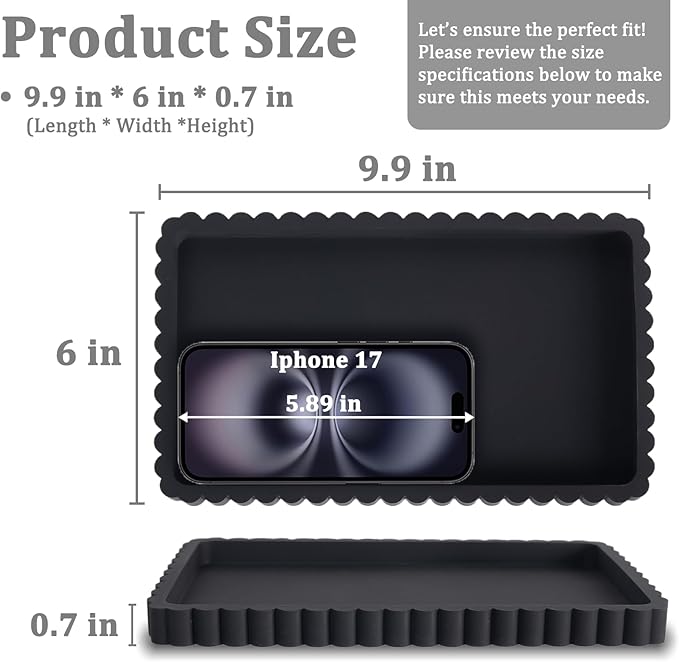 Silicone Bathroom Vanity Tray, Sink Caddy for Dish Soap Dispenser, Sponge Holder for Kitchen Sink, Rectangle Bathroom Countertop Organizer for Perfume, Jewelry, Candle (9.9” * 6”, Black)