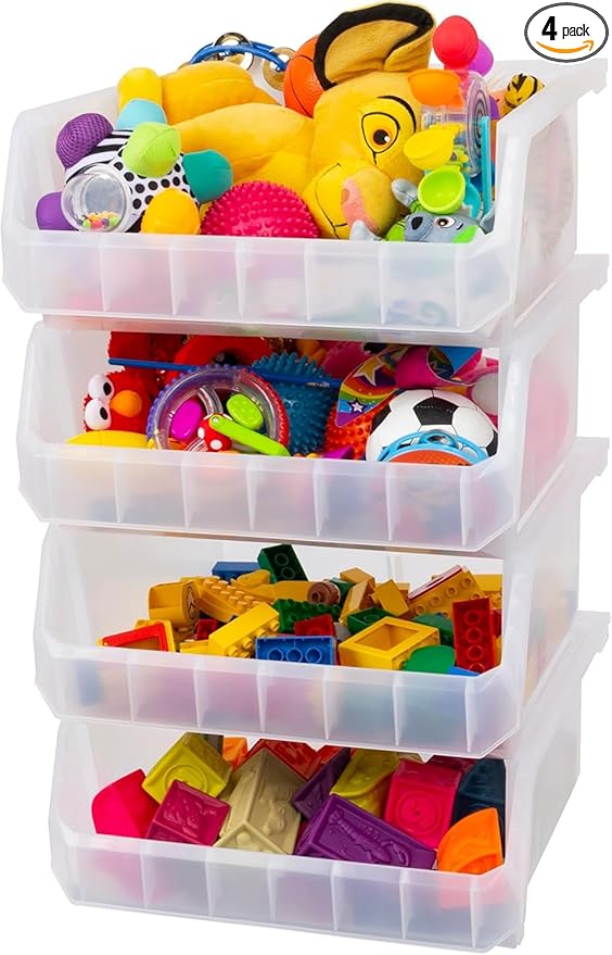 ReadySpace Extra Large Plastic Storage Bins, Stackable Organizer Containers for Closet Pantry Shelf Garage and Office Organization, Clear, 4 Pack | Open-Front Stackable Bins For Garage, Pantry, Closet & Office, 14,8"L X 16,5"W X 7"H, Nests When Empty, ...