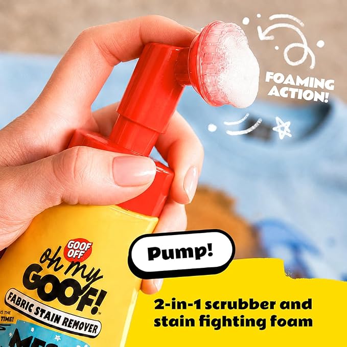 oh my GOOF! Mess Magic Fabric Stain Remover, 8 oz. Foam Stain Remover with Built-In Silicone Scrubber, Helps Remove Food, Marker, Crayon and Ink Marks