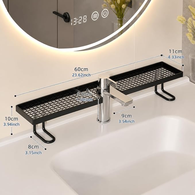 Bathroom Sink Shelf Over Faucet, Over Bathroom Sink Shelf Organizer, No-Drill Faucet Storage Rack, Behind Faucet Storage Shelf for Bathroom Counter Organization (Black, L:23.6in)
