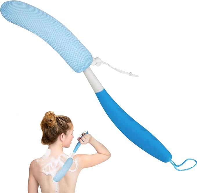 Back Scrubber for Shower, 15.35" Long Handle Shower Brush for Body, Back Brush for Shower for Men Women, Long Handled Bath Sponge for Deep Clean, Exfoliating, Anti-Slip Curve Handled Back Scrubber