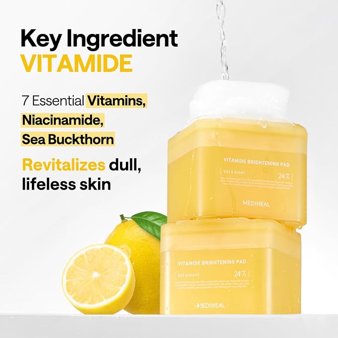 MEDIHEAL Vitamide Brightening Toner Pads for Skin Toning (100 Count) | with Vitamin C & Niacinamide for Brightening | Tone Evening & Blemish Care | Non-Comedogenic, Vegan Pads, Korean Skincare