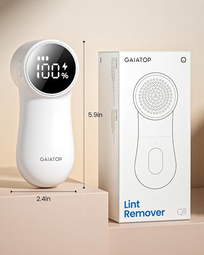GAIATOP Fabric Shaver Rechargeable Lint Remover, 3 Speeds Sweater Defuzzer | Fuzz Pills Bobbles Trimmer, Cute Digital Screen Large Storage 6-Leaf Blades, for Clothes Furniture Bedclothes White 1 pcs