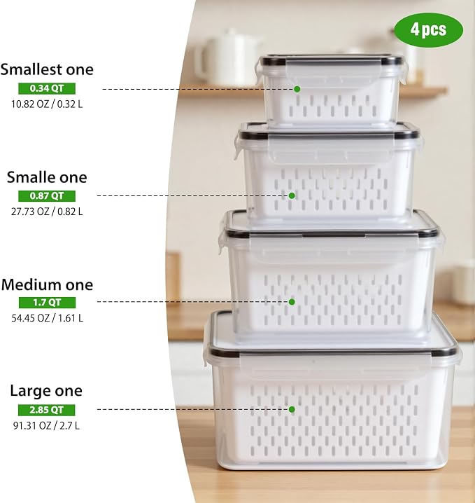 4 PCS Fruit Storage Containers for Fridge, Leakproof Produce Containers | For Fridge with Removable Colander, Microwave/Dishwasher Safe Fruit Washing Bowl Keep Fruits, Vegetables, Berry Fresh longer