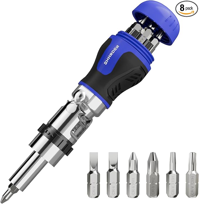 8 in 1 Stubby Ratcheting Screwdriver, Multi Bit Screwdriver Tool | All in One with 6 CRV Bits Phillips, Slotted, Torx,180 Degree Pivoting Adjustable Angle Screw Driver Set for Tight Spaces