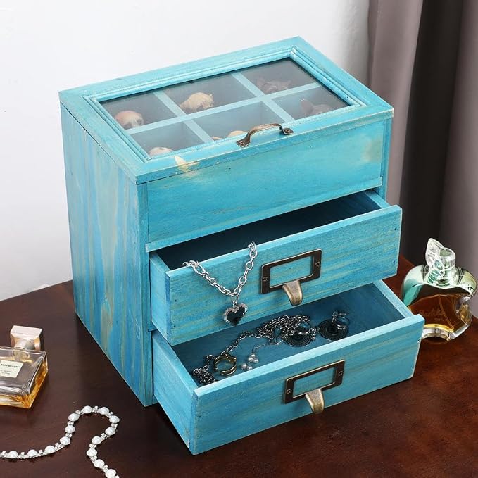 Small Wooden Drawers Wooden Box with Drawer Blue | 2 Drawer Storage Box for Apothecary Cabinet, Apothecary Drawers，Desktop Organizer with Metal Handles for Office，Home