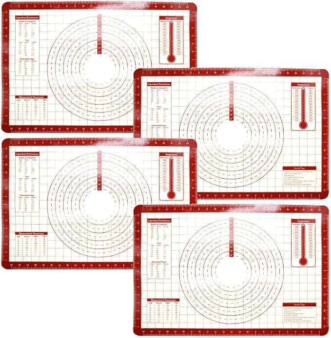 4 Pack Full Size 24.5"x16.4" Silicone Baking Mat with Measurements for Oven Baking 450F (Red), Non-Stick Food Safe Dough Pie Fondant Oven Liner, Extra Thick 0.7MM 24GA